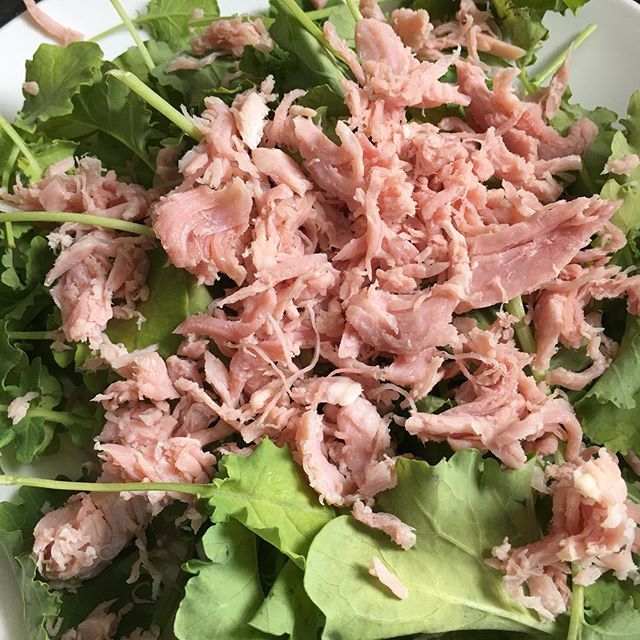 Shredded ham (protein) with baby kale leaves