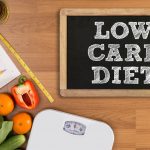 LOW CARB DIET Fitness and weight loss concept dumbbells white scale fruit and tape measure on a wooden table top view free copy space